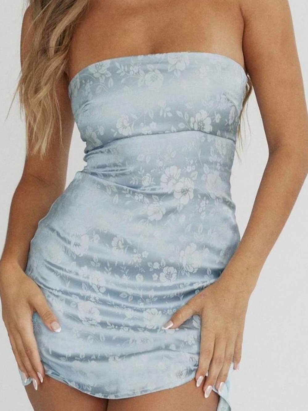 Princess Polly Dusty Blue Floral Strapless Mini Dress